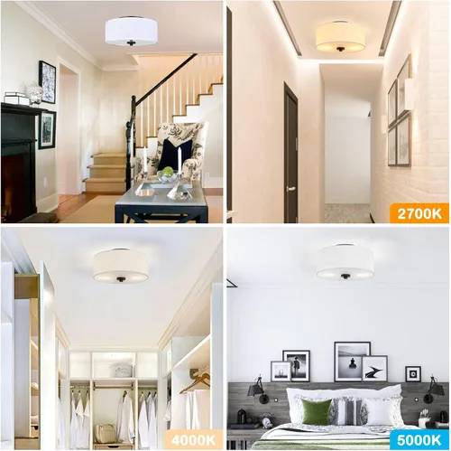 Miniatura 3 de Lámpara de techo empotrada de 2 luces, moderna de 12 pulgadas con pantalla de tambor de lino de tela blanca, lámpara de techo redonda