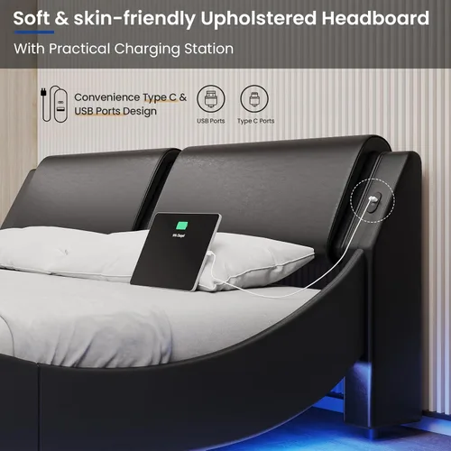 Miniatura 6 de DICTAC Base de cama King con puertos de carga y cabecero, base de cama de plataforma tamaño King con luces LED onduladas como curvas, soporte