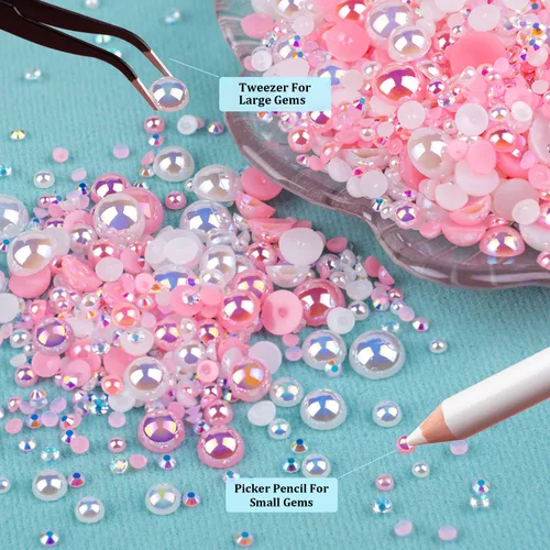 Miniatura 3 de 100g de cuentas de perlas planas y diamantes de imitación, 1-Rosa y blanco, tamaño mixto de 3-10mm, resina, diamantes de imitación y medias perlas