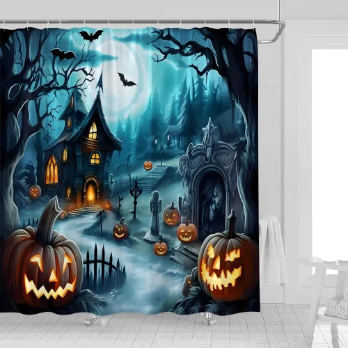 Miniatura 2 de Cortina de ducha de Halloween, noche aterradora, luna, gótica, casa encantada, calabaza, murciélago, bosque, patio, cortinas de decoración de baño