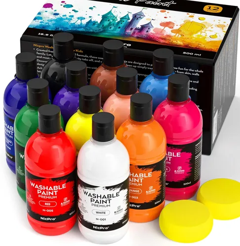 Nicpro Juego de Pintura Lavable de 12 Colores Grande para Niños (16.9oz, 500 ml), Suministros de Pintura Acrílica a Granel No Tóxicos para Niños,
