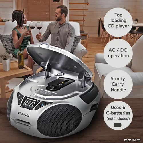 Miniatura 3 de Craig CD6925 - Caja de CD estéreo portátil de carga superior con radio estéreo AM/FM Bluetooth inalámbrico y puerto AUX (plata, Bluetooth)