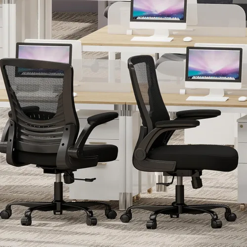 Miniatura 9 de Silla de oficina ergonómica, cómoda silla de escritorio de malla con reposabrazos abatibles y ruedas de rodadura suave, silla de computadora