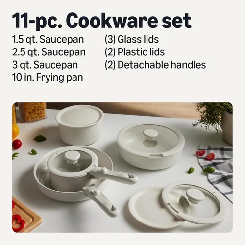 Miniatura 2 de Amazon Basics Juego de utensilios de cocina antiadherentes de cerámica con asas desmontables, 11 piezas apilables, aptos para todas las placas