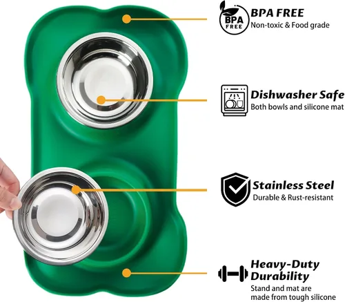 Miniatura 2 de Hubulk - Comedero doble con tazones de acero inoxidable y base de silicona antideslizante antiderrames para agua y comida + pala para alimento
