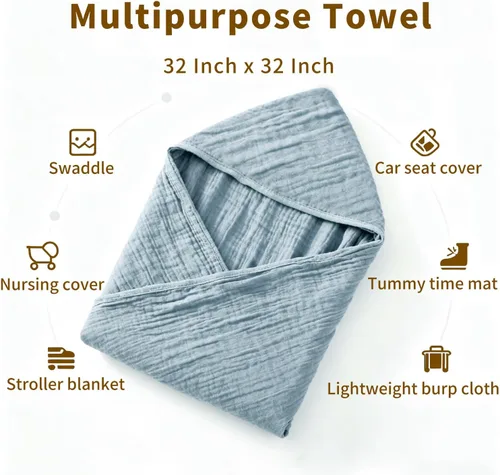 Miniatura 6 de Toallas de baño con capucha de muselina orgánica, paquete de 2 toallas de baño 100% algodón orgánico para bebés, bebés, niños pequeños, 32 x 32