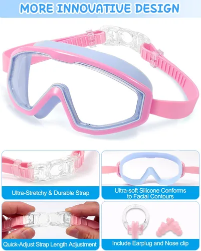 Miniatura 3 de Gafas de natación para niños, gafas de natación de marco grande, visión amplia, antivaho e impermeables para niños y niñas Rosa