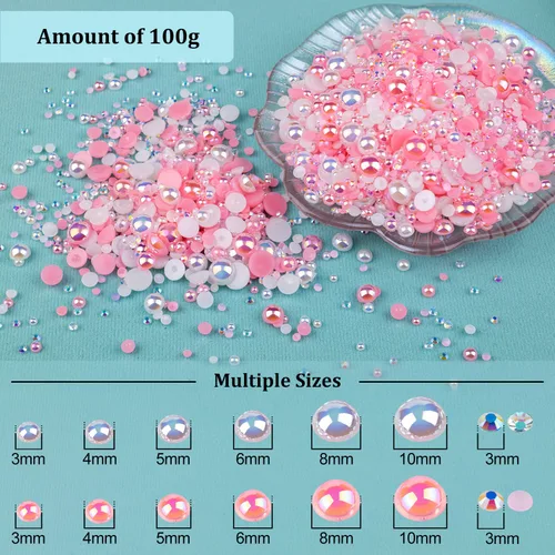 Miniatura 2 de 100g de cuentas de perlas planas y diamantes de imitación, 1-Rosa y blanco, tamaño mixto de 3-10mm, resina, diamantes de imitación y medias perlas