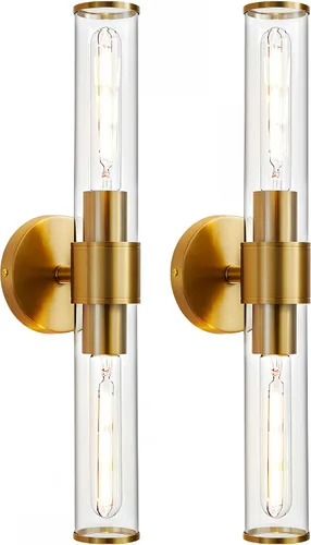 Paquete de 2 apliques de pared dorados, lámparas de baño en vidrio transparente, aplique moderno de pared arriba y abajo, accesorios de tocador para