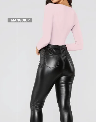 Miniatura 20 de MANGDIUP Body esencial para mujer, cuello redondo, manga larga, ajustado, elástico, de algodón y elastano