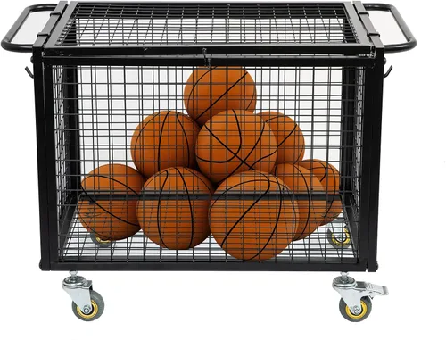 Miniatura 5 de Carrito de baloncesto de metal con ruedas de almacenamiento de equipo deportivo, jaula con cerradura atlética negra mate con mango elevado