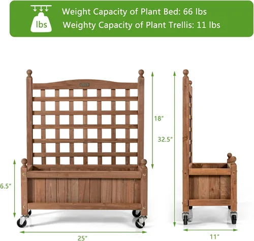 Miniatura 6 de Giantex Cama elevada móvil para plantas, maceta de madera con enrejado y ruedas, caja de flores para escalada de plantas, jardín vertical