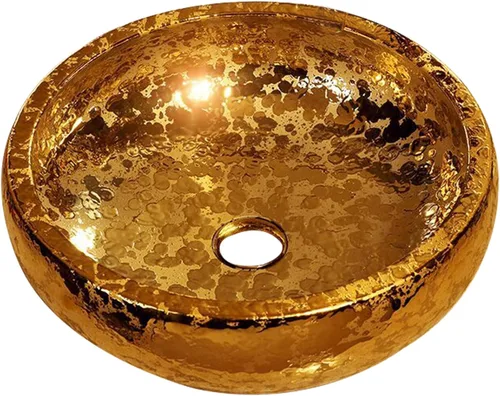 Fregadero redondo de lujo dorado para lavabo de baño de cerámica para bar y guardarropa, 1 fregadero solamente, diámetro 16.5 in x 5.9 in oro moderno
