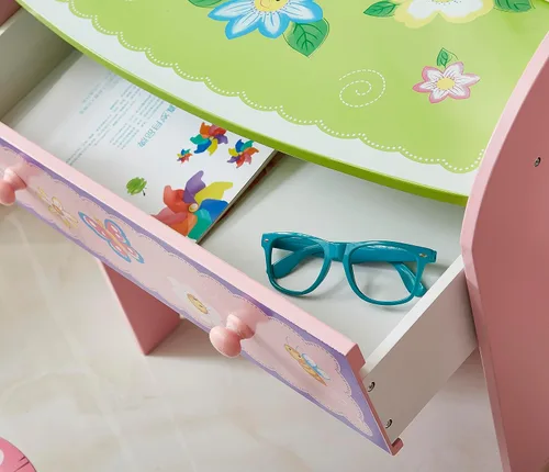 Miniatura 3 de Juego de tocador para niños con espejo y taburete, mesa de maquillaje de belleza con cajón grande y silla para niños pequeños y niños, tocador