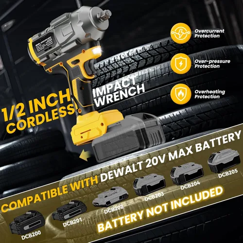 Miniatura 3 de Llave de impacto inalámbrica de 1/2 pulgada para batería Dewalt, llave de impacto de 1360 N.m (950 pies-libras) Pistola de impacto eléctrica sin