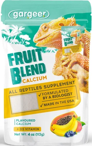 Gargeer 4 onzas de calcio reptil con vitamina D3, sin fósforo, polvo ultrafino. Polvo puro, mezcla de frutas reales saborizadas, suplemento listo