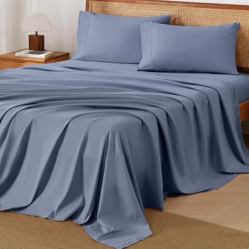 Miniatura 2 de Andency Juego de sábanas tamaño Queen de 4 piezas color azul oscuro y gris, sábanas súper suaves para cama tamaño Queen, juego de sábanas de Beige