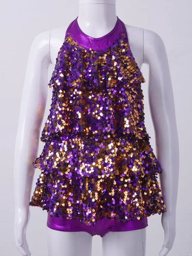 Miniatura 3 de XUNZOO Leotardo de ballet con lentejuelas brillantes para niñas y niñas, jazz latino, actuación en escenario, baile