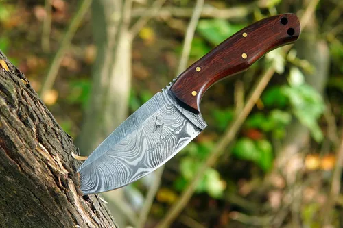 Miniatura 5 de Cuchillo de Acero de Damasco con Funda de Cuero – Cuchillo de Hoja Fija de Espiga Completa de 7.5" con Mango de Madera de Palisandro de 4