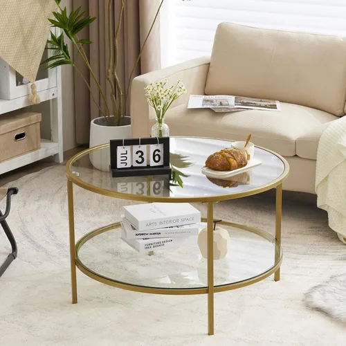 Miniatura 19 de VINGLI Mesa de Centro de Cristal, Mesa de Centro Redonda de 25.6" Dorado Champán para Sala de Estar, Mesa de Centro de Cristal de 2 Niveles con Oro
