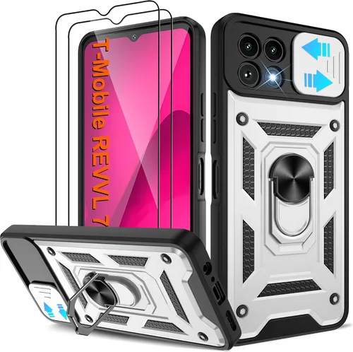 Miniatura 102 de ATUMP Funda para T-Mobile Revvl V Plus 5G con protector de pantalla HD con cubierta de cámara deslizante, soporte de anillo de rotación de 360° Negro