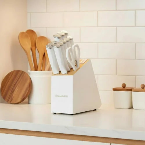 Miniatura 2 de Juego de Cuchillos Blancos, Juego de Bloque de Cuchillos de 13 Piezas con Afilador Integrado y Tijeras para Cocina, Corte de Carne y Verduras, Juego