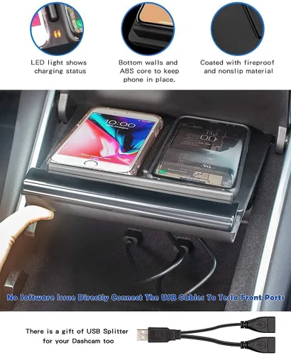 Miniatura 4 de TAPTES Cargador Inalámbrico para Tesla Model 3 2017 2018 2019 2020, Almohadilla de Carga Dual para Teléfonos para Accesorios de Tesla Model 3
