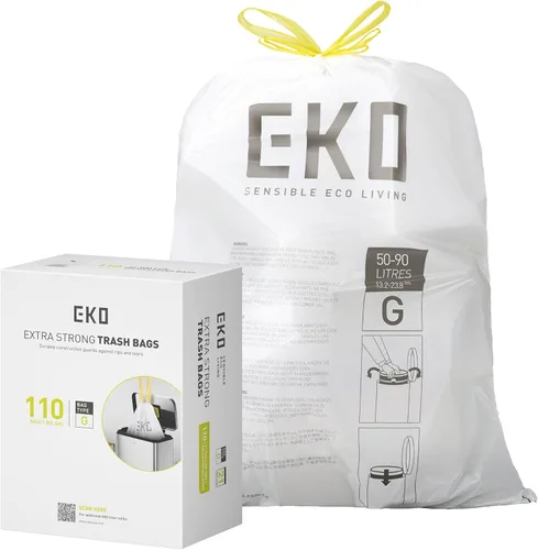 EKO 21 galones / 50-90 litros, 110 unidadesBolsas de basura con cordón de tracción extra resistentes y sin perfume, rollo de fácil dispensación para