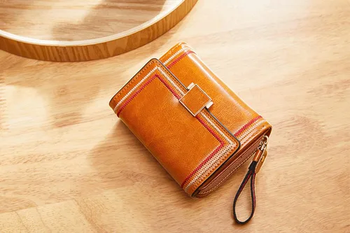 Miniatura 6 de PofeeXIO Cartera de cuero RFID para mujer con tarjetero triple plegable para mujer con correa de muñeca corta para mujer, cartera con múltiples