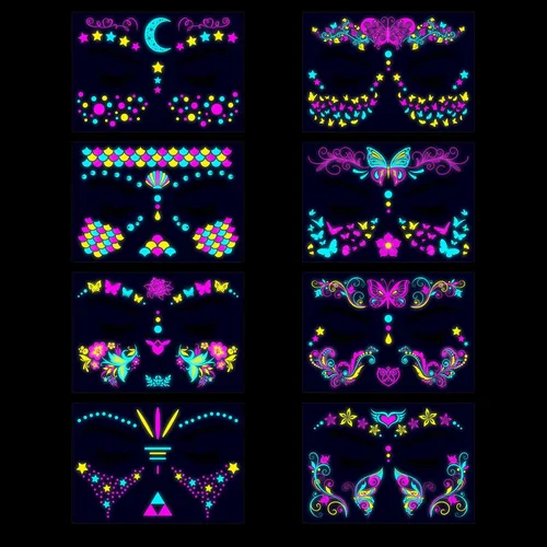 Miniatura 2 de Tatuajes temporales que brillan en la oscuridad, tatuajes temporales falsos para la cara, maquillaje UV, neón, mariposa, floral, tatuajes