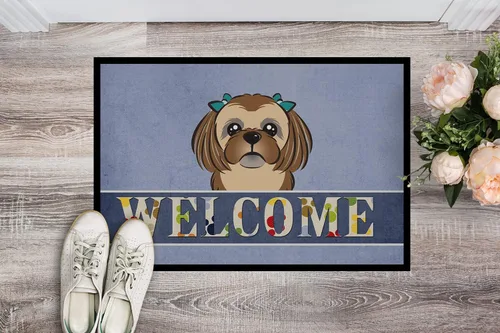 Miniatura 2 de Caroline's Treasures BB1435JMAT - Tapete de bienvenida Shih Tzu color marrón chocolate, 24 x 36 pulgadas, tapete azul para puerta delantera
