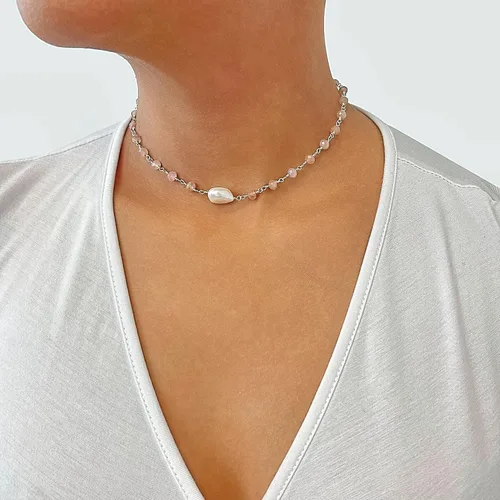Miniatura 2 de Hecho a mano con piedra semipreciosa o perla cultivada de agua dulce, delicado collar ligero estilo corto, collar o gargantilla con un colgante.