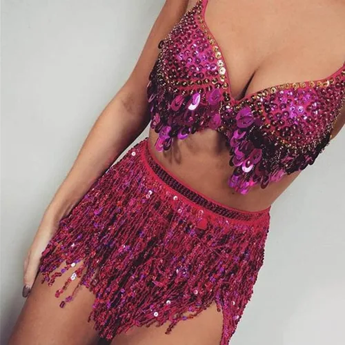 Miniatura 3 de EARENT Faldas bohemias de lentejuelas para danza del vientre, falda de cadera con flecos, bufanda de cadera para fiestas rave para mujeres y niñas