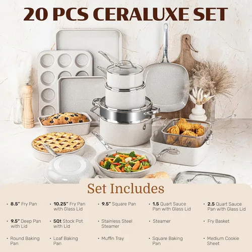 Miniatura 2 de Granitestone Ceraluxe - Juego de 20 utensilios de cocina de cerámica antiadherentes, juego completo de ollas y sartenes antiadherentes con juego