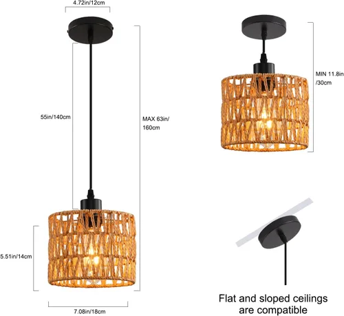 Miniatura 9 de Lámpara Colgante Tejida Candelabro Bohemio, Luces Colgantes de Ratán Isla de Cocina, Iluminación Colgante de Granja con Pantalla de Mimbre Tejida a