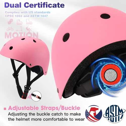 Miniatura 4 de Conjunto de casco de bicicleta para niños pequeños con rodilleras, casco de ciclismo ajustable para niño y niña, equipo de protección Rosa
