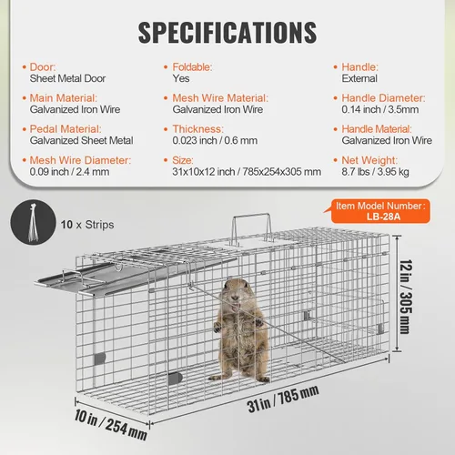 Miniatura 7 de VEVOR Trampa de jaula para animales vivos, 31 x 10 x 12 pulgadas, trampa para gatos humanitarios de hierro galvanizado, trampa plegable
