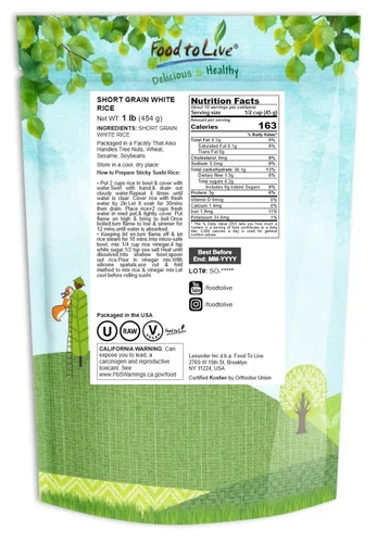 Miniatura 2 de Food to Live Arroz blanco de grano corto, 1 libra, estilo japonés de grano corto, perfectamente pegajoso, vegano, arroz kosher. Fácil de cocinar.