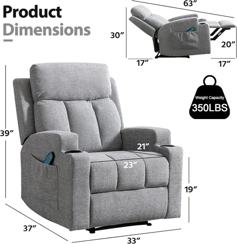 Miniatura 3 de CANMOV Silla reclinable manual con masaje y calor, cómodo sofá reclinable con brazos y respaldo acolchados, sofá reclinable manual individual con 2