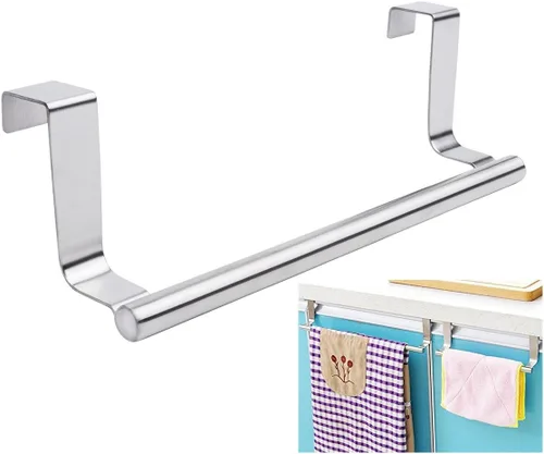 Mziart Toallero moderno con ganchos para baño y cocina, colgador de toallas de acero inoxidable cepillado sobre gabinete (9 pulgadas)