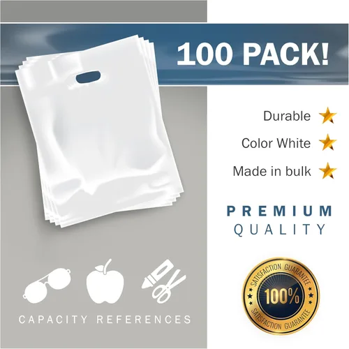 Miniatura 6 de PPB - Bolsas de plástico blanco de 9 x 12 pulgadas, acabado brillante, tamaño pequeño al por menor, paquete de 100, 1.25 mil de grosor, con asas