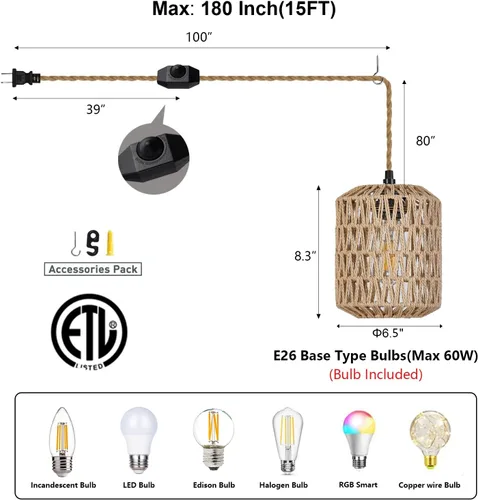 Miniatura 2 de Lámpara Colgante Enchufable con Bombilla LED de 6W Luz Cálida (3000K) Interruptor Regulable Linda Lámpara Colgante de Ratán Cable de 15 pies Tejida