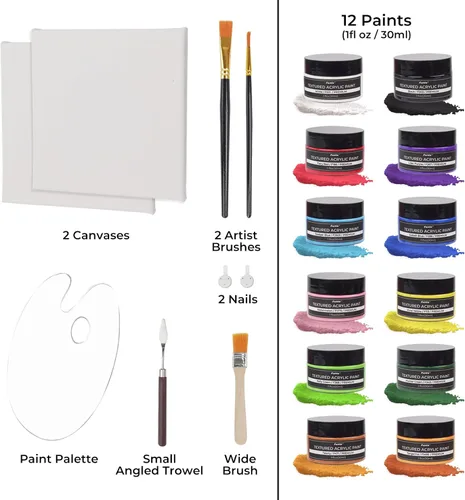 Miniatura 2 de Funto Juego de pintura acrílica texturizada, 12 colores, kit completo de pintura con herramientas y lienzos, kit de suministros de pintura