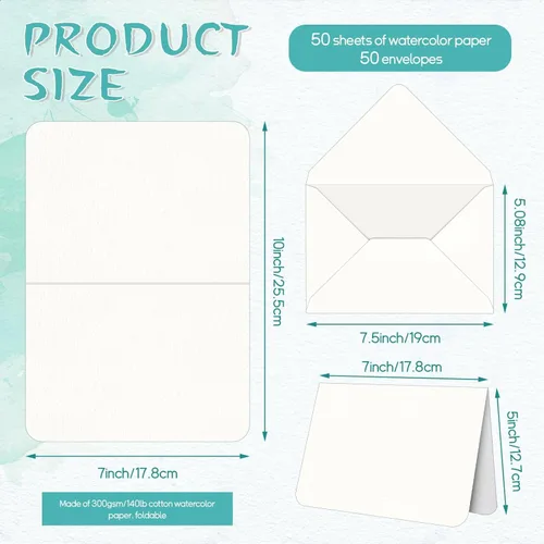 Miniatura 2 de Vmiapxo 50 juegos de tarjetas de acuarela en blanco con sobres, peso pesado de 5 x 7 pulgadas, 100% algodón, 140 libras/10.58 oz/m², postales