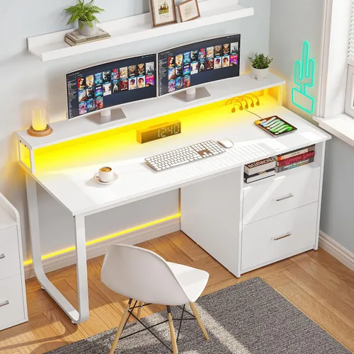 Miniatura 9 de YITAHOME Escritorio para computadora con cajones, escritorio de oficina de 47.2 pulgadas con tomas de corriente y luz LED, escritorio de oficina