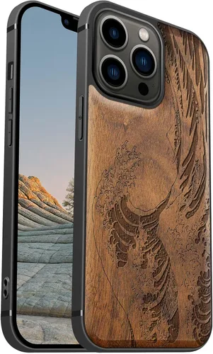 Miniatura 20 de Carveit Funda magnética de madera para iPhone 13 [madera natural y TPU suave] Funda protectora de madera única y elegante a prueba de golpes
