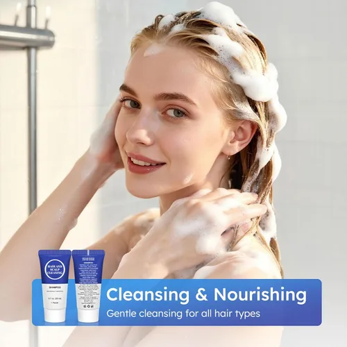 Miniatura 4 de Champú tamaño viaje, mini champú en gel, 0.7 onzas líquidas envueltas individualmente a granel, muestra de prueba, kit pequeño de artículos
