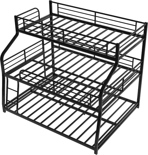 Miniatura 4 de Flieks Cama triple de metal individual XL sobre matrimonial XL sobre cama Queen con escaleras, litera para familia, adolescentes, no necesita somier