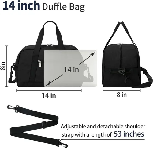 Miniatura 6 de Pequeña bolsa de gimnasio de 14 pulgadas, ligera, de transporte, mini bolsa de lona para viajes y deportes, Negro -, Bolsa de gimnasio pequeña