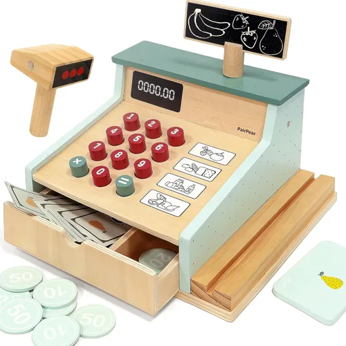 PairPear Caja Registradora de Juguete de Madera, Juguetes de Juego de Simulación para Contar Dinero para Niños con Escáner y Tarjeta de Crédito,